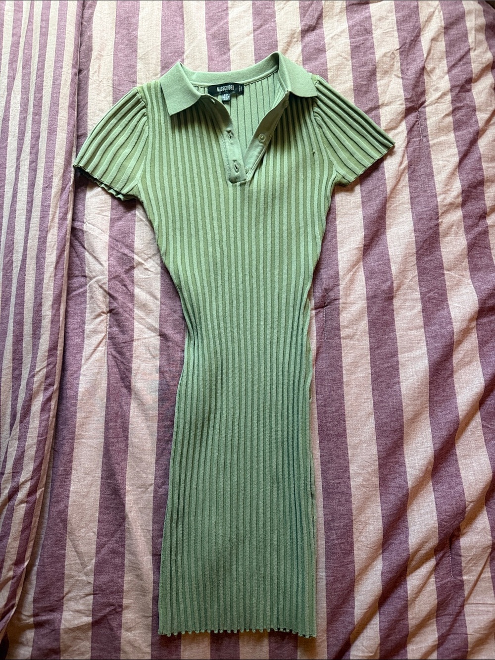 MISSGUIDED Green Ribbed Polo Midi Dress